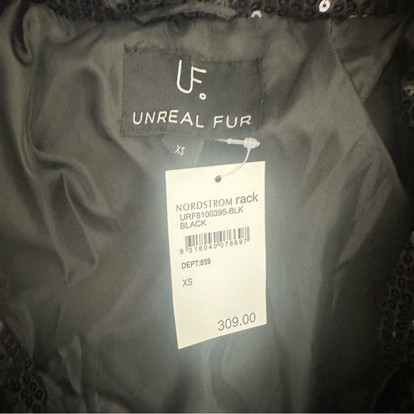 NWT Unreal Fur Black Sequin Puffer Jacket Front Zip High Collar Sz XS - Picture 7 of 16
